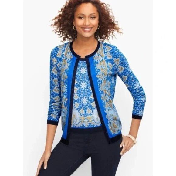 Talbots Charming Cardigan - Breton Blue Multi Paisley S - Picture 1 of 15